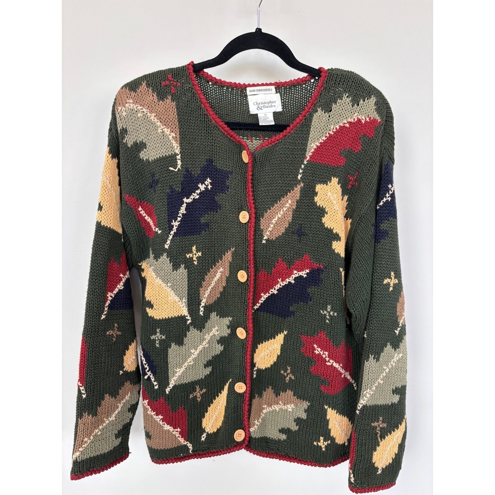 Christopher & Banks Green Hand Embroidered Fall Leaf Cardigan Sweater Medium